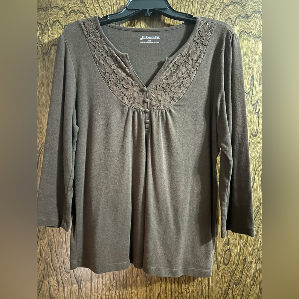 Chocolate Brown long sleeve shirt with small lace detailing.